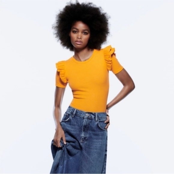 Zara Tops - Zara Medium Ribbed Ruffle Shoulder Bodysuit Mustard Yellow Orange Retro